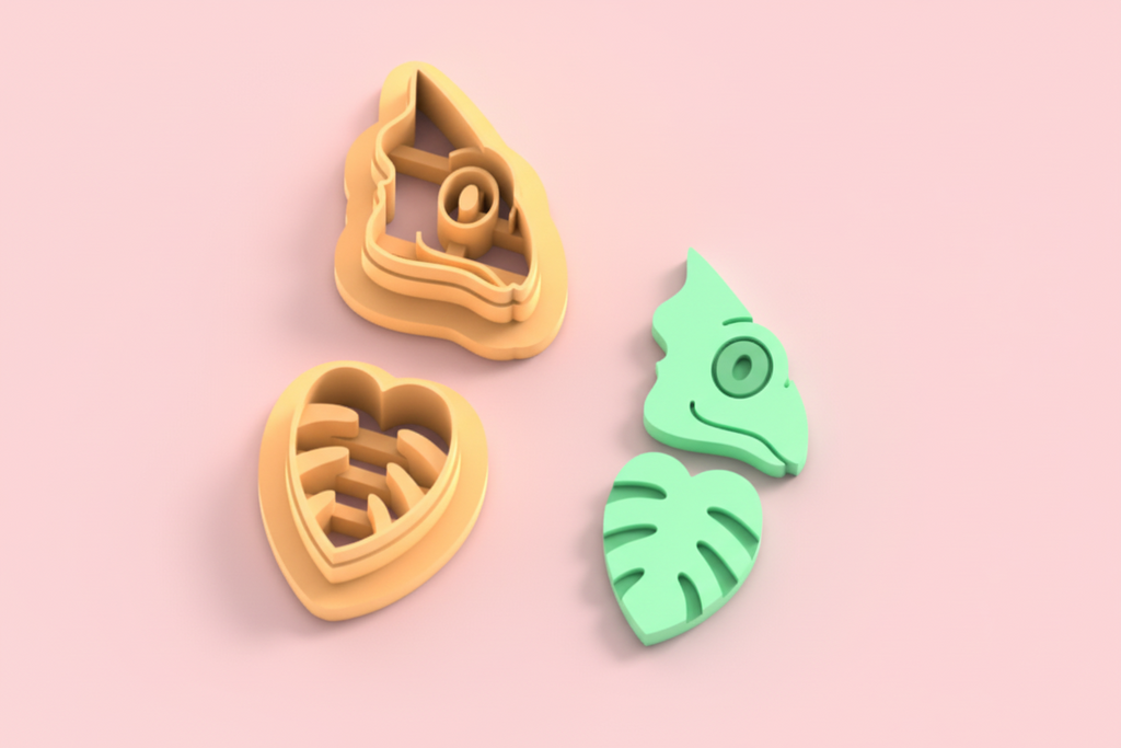 Emporte-pièces caméléon + feuille cœur – lot de 2 – pâte polymère bijoux DIY – 30 à 50 mm – EP-343 – fabriqué en France