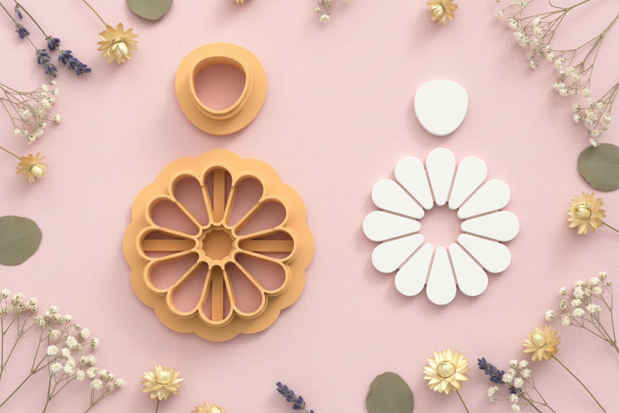 Emporte-pièces fleur pétales fins + goutte – lot de 2 – pâte polymère bijoux DIY – 30 à 50 mm – EP-345 – fabriqué en France