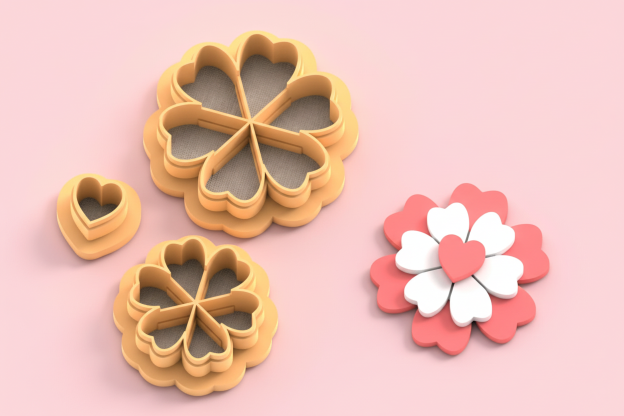 Emporte-pièces fleur cœurs + cœur – lot de 3 – pâte polymère bijoux DIY – 25 à 45 mm – EP-364 – fabriqué en France