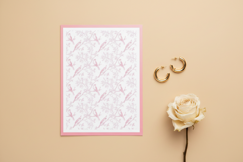Feuille de transfert oiseaux roses sur branches pour pâte polymère  – DIY bijoux. TF21