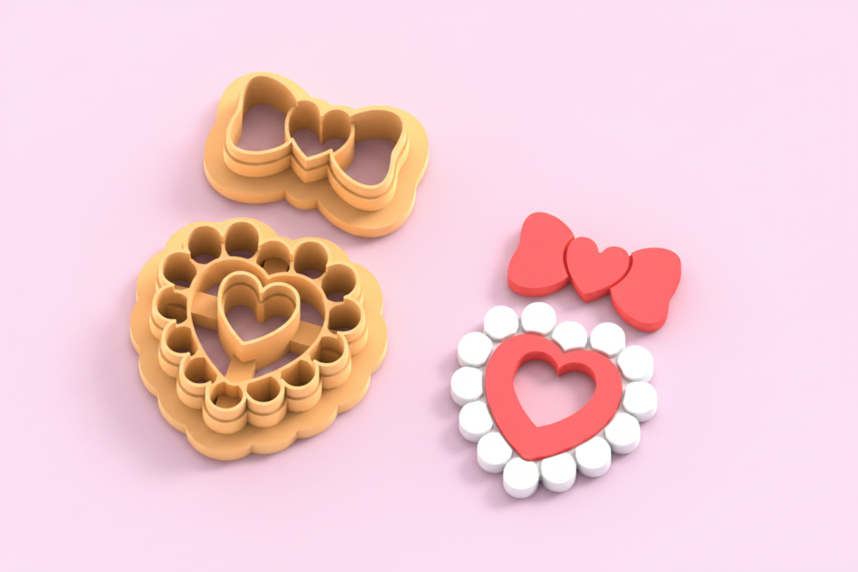 Emporte-pièce cœur dentelle + nœud pampille – pâte polymère bijoux DIY – 30 à 50 mm – lot de 2 – fabriqué en France