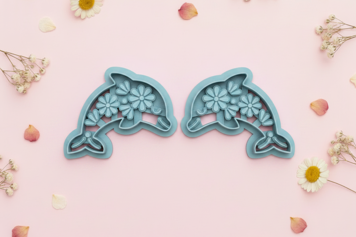 Emporte-pièces dauphins fleuris miroir – lot de 2 gauche/droite – 30 à 40 mm – EP-502.