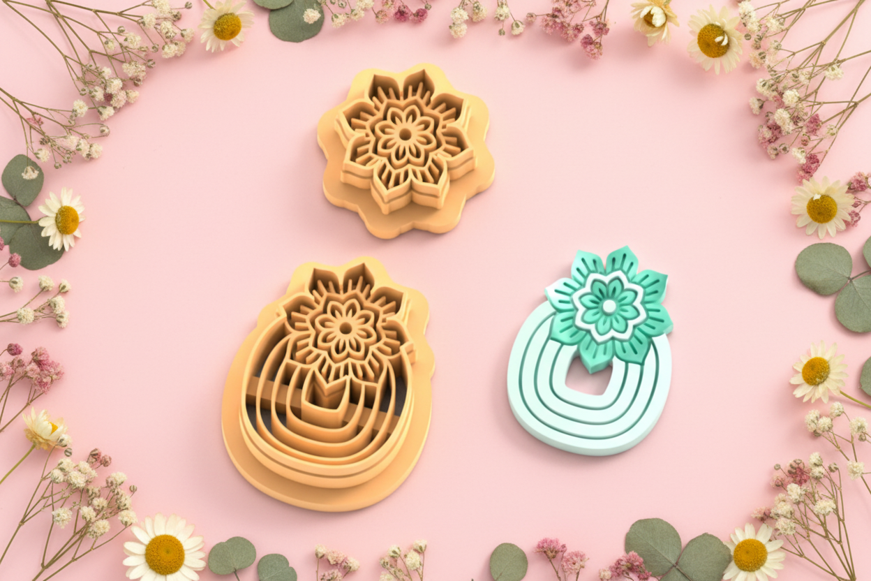 Emporte-pièce boucle d’oreille arc & fleur mandala – bijoux pâte polymère – 30 à 50 mm – EP-205