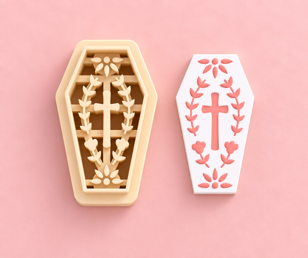 Emporte-pièce Cercueil floral avec croix – 25 à 45 mm – EP-778