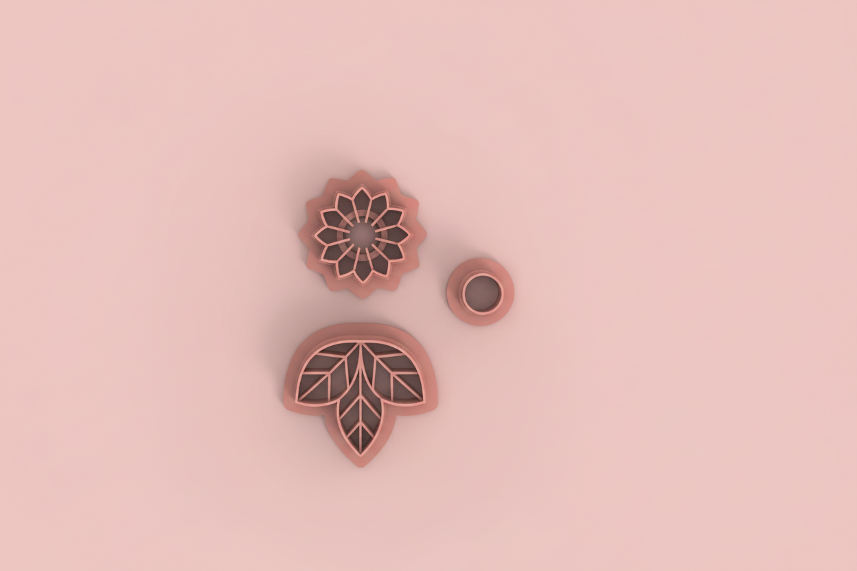 Emporte-pièces fleur + feuille géométrique – bijoux pâte polymère – lot de 3 – 35 à 50 mm – EP-249