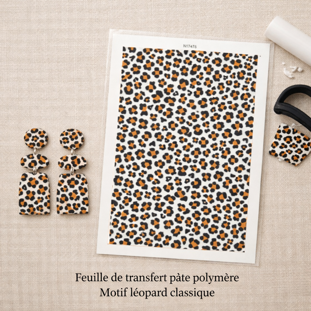 Feuille de transfert léopard pour pâte polymère – Motif animalier – 9,5 × 14 cm – DIY bijoux TF01