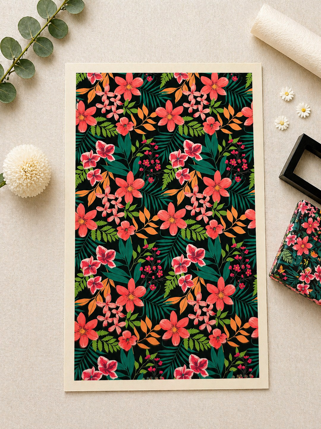 Feuille de transfert feuillage fleuri pour pâte polymère  – 7,5 x 12 cm – création bijoux DIY. TF90