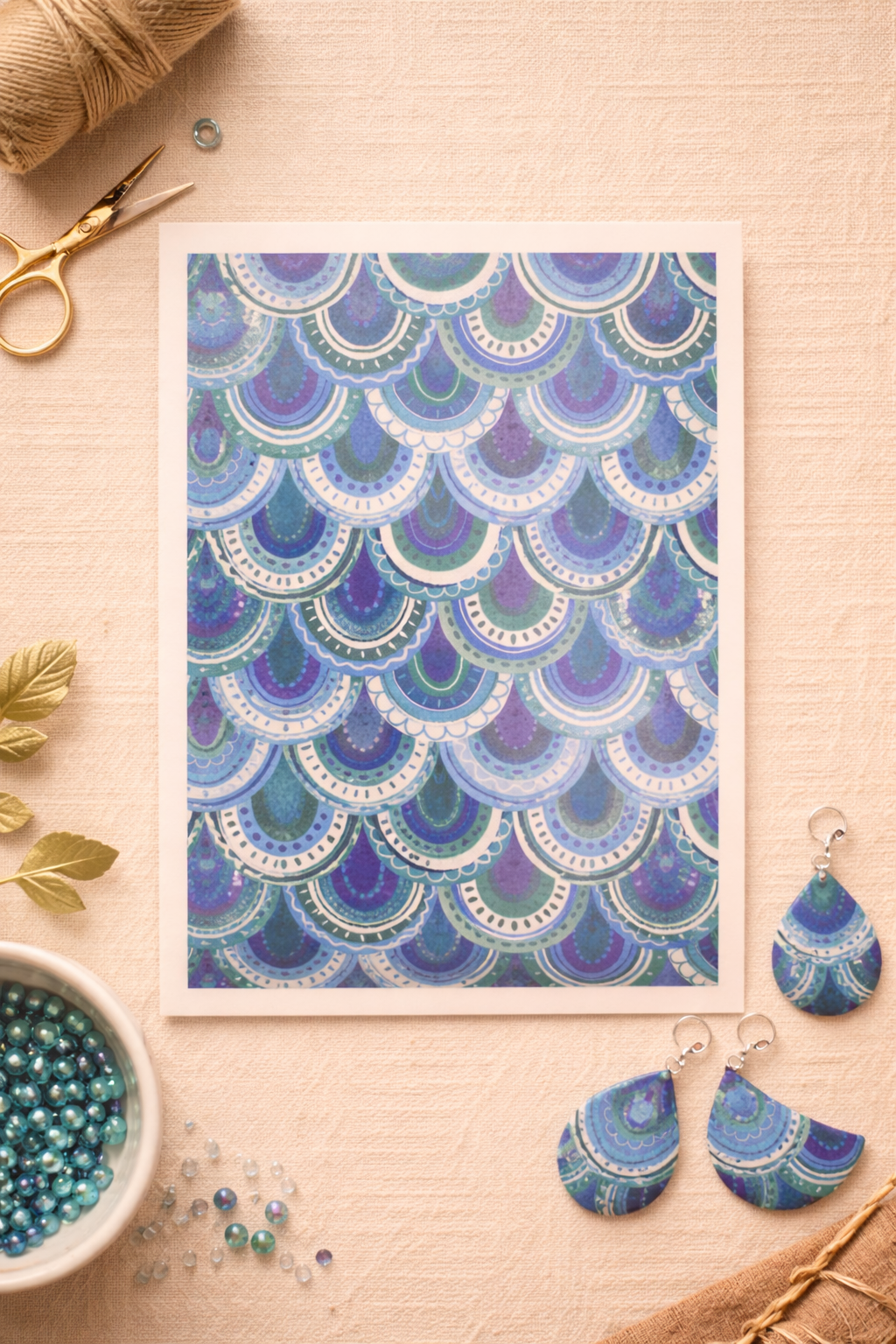 Feuille de transfert motif éventails bleus – décor graphique pour pâte polymère et bijoux DIY. TF55