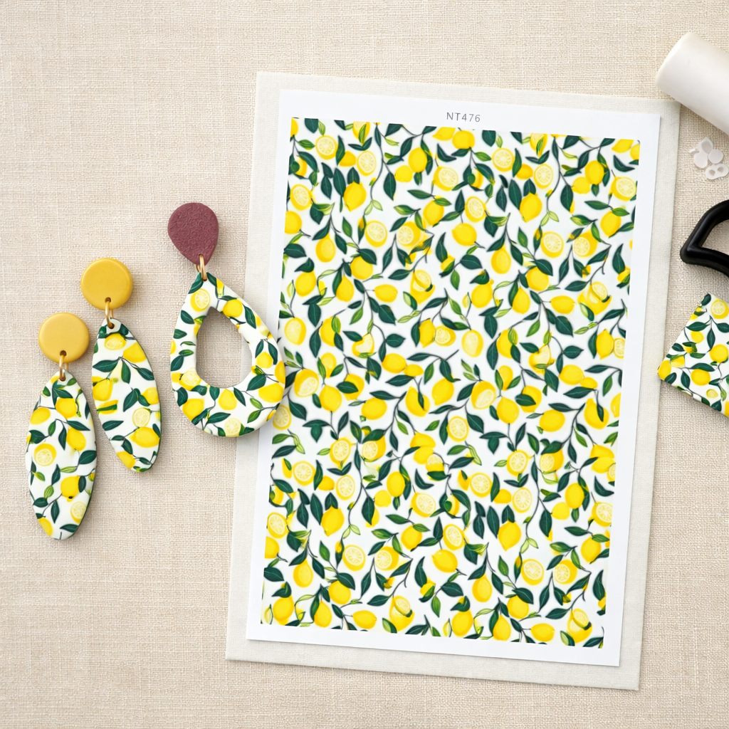 Feuille de transfert citrons et feuilles pour pâte polymère  – 10 × 14 cm – DIY bijoux.  TF65