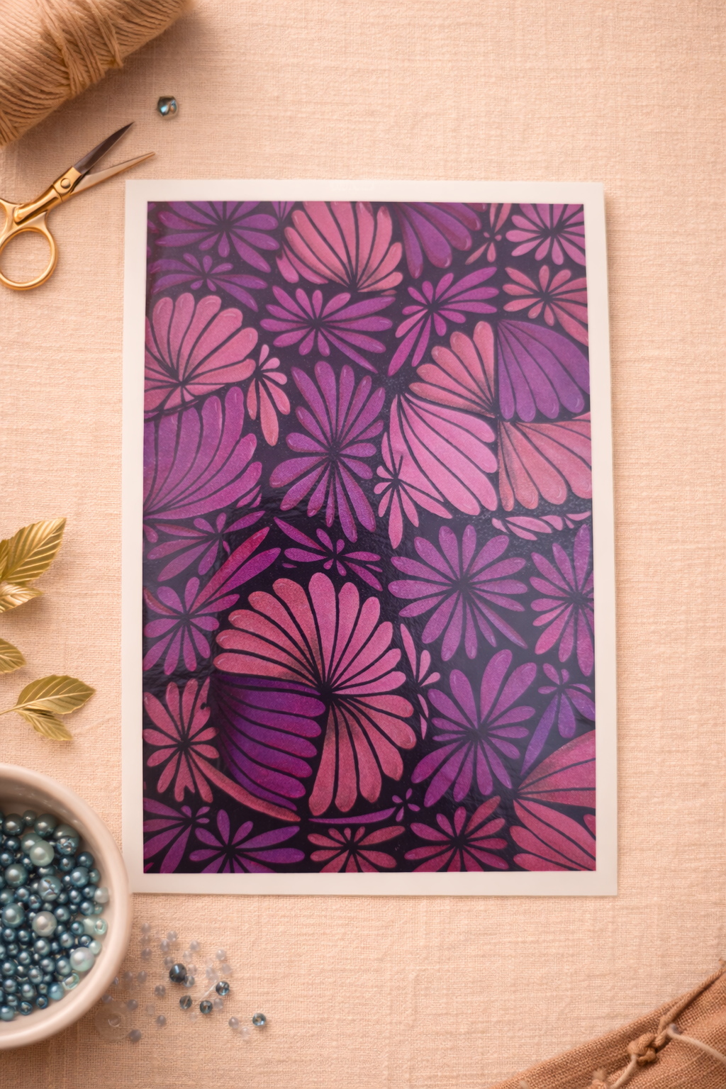 Feuille de transfert fleurs roses et violettes – décor pour pâte polymère et bijoux DIY. TF49