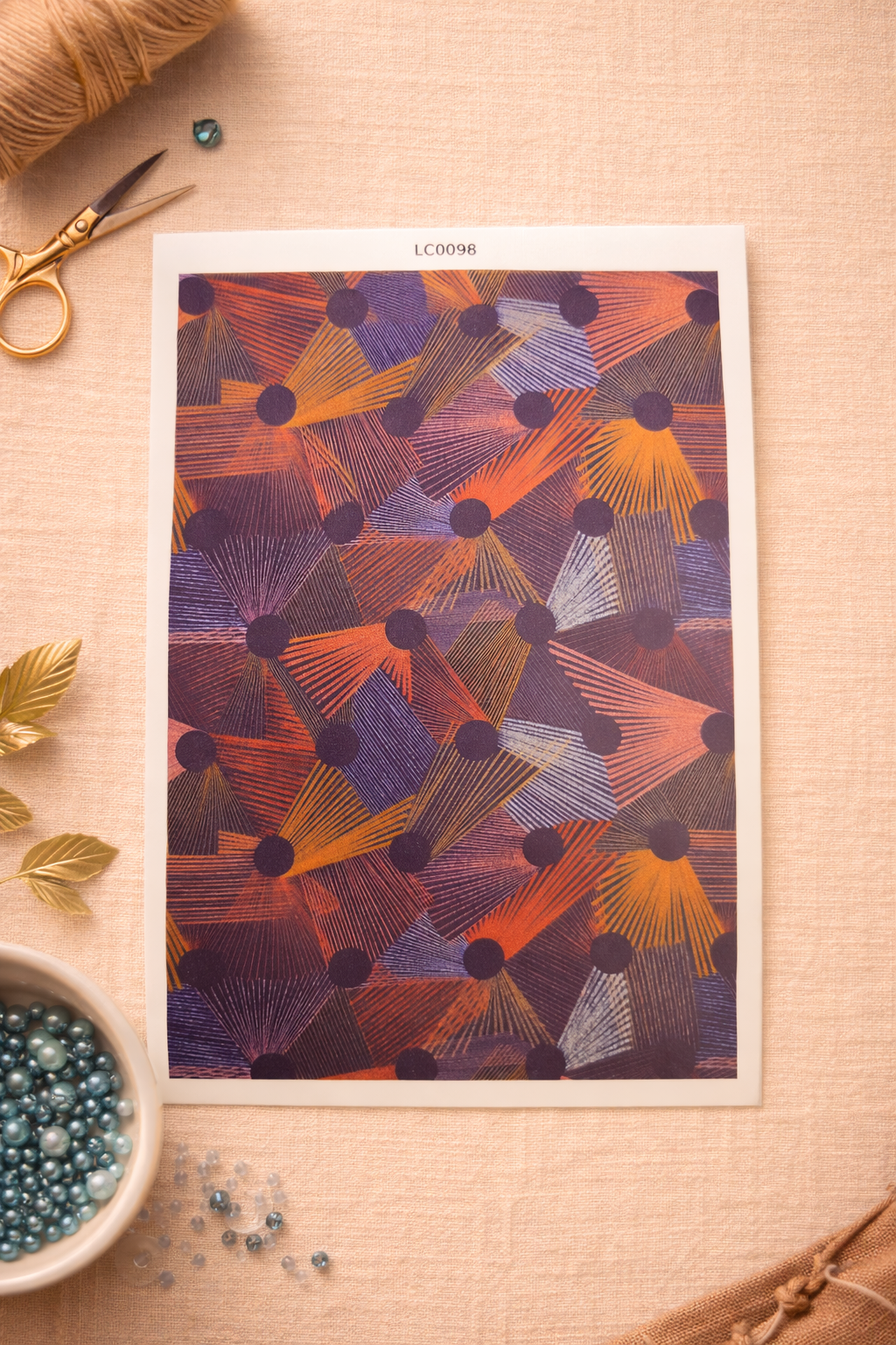Feuille de transfert géométrique éventails colorés – motif abstrait orange violet pour pâte polymère bijoux DIY. TF08