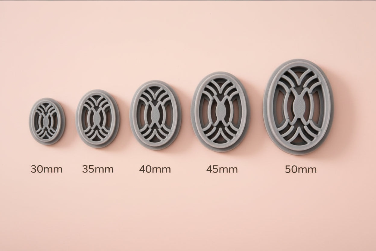 Emporte-pièce Ovale Graphique Art Déco – 30 à 50 mm au choix – Découpe bijoux pâte polymère – Fabriqué en France. EP-80