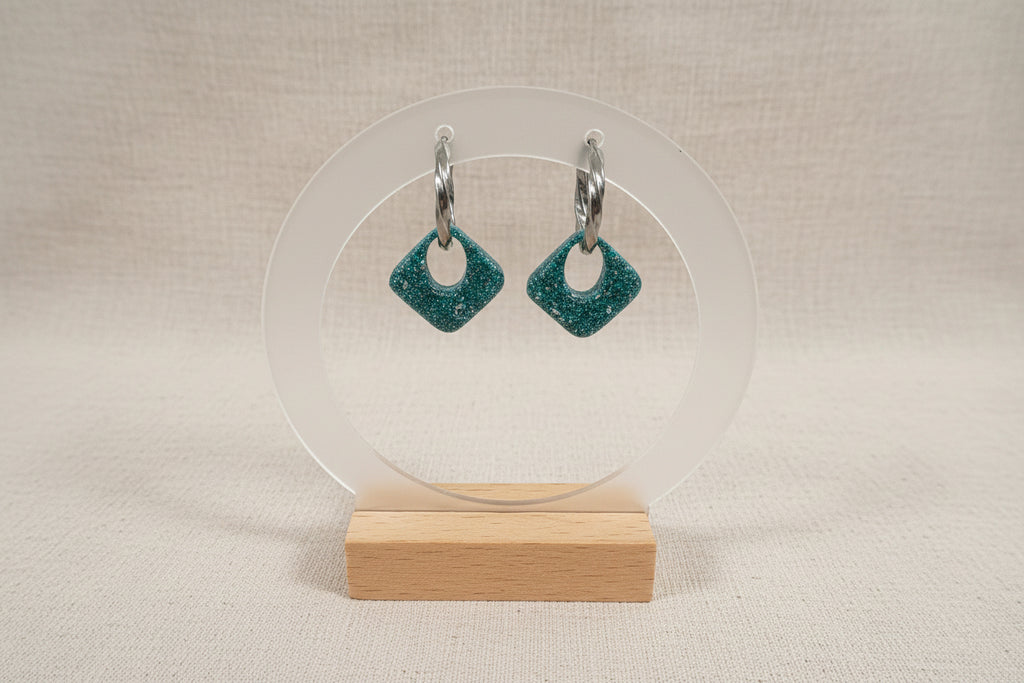Pampilles losange vert turquoise et feuille d'argent