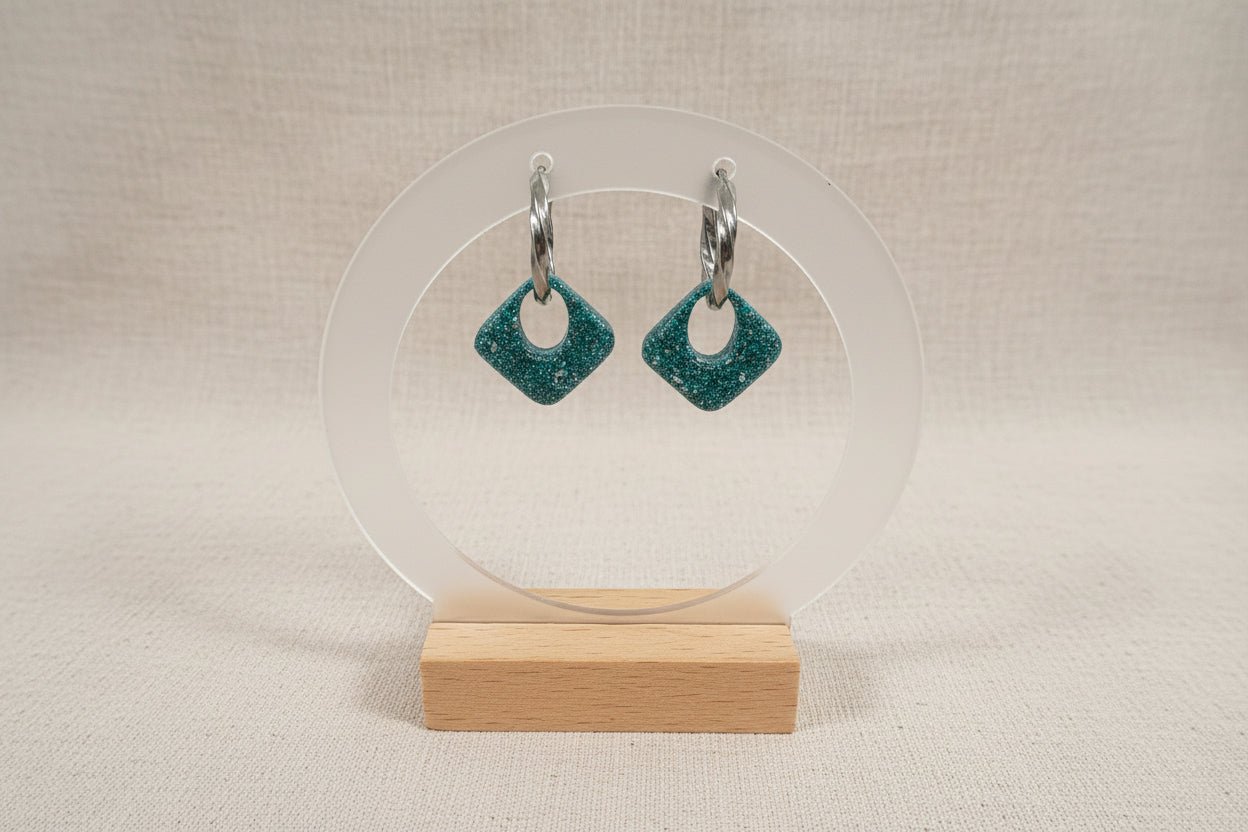 Pampilles losange vert turquoise et feuille d'argent