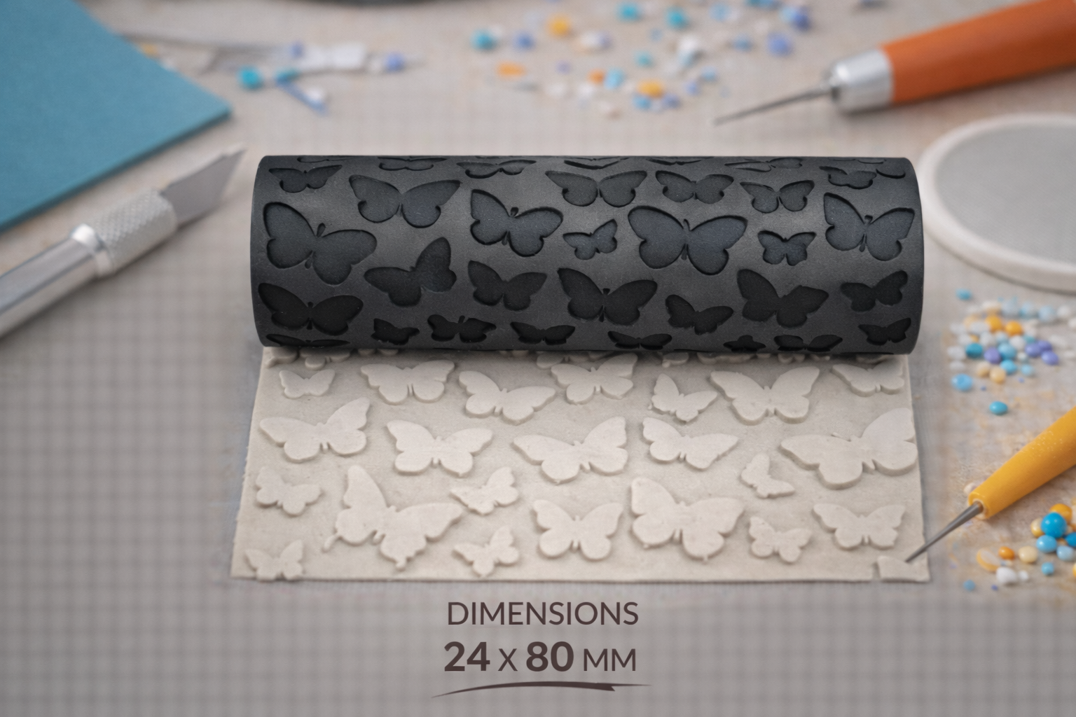 Rouleau texture pâte polymère – motif papillons Butterfly – rouleau texturé bijoux DIY – 24 x 80 mm – fabriqué en France
