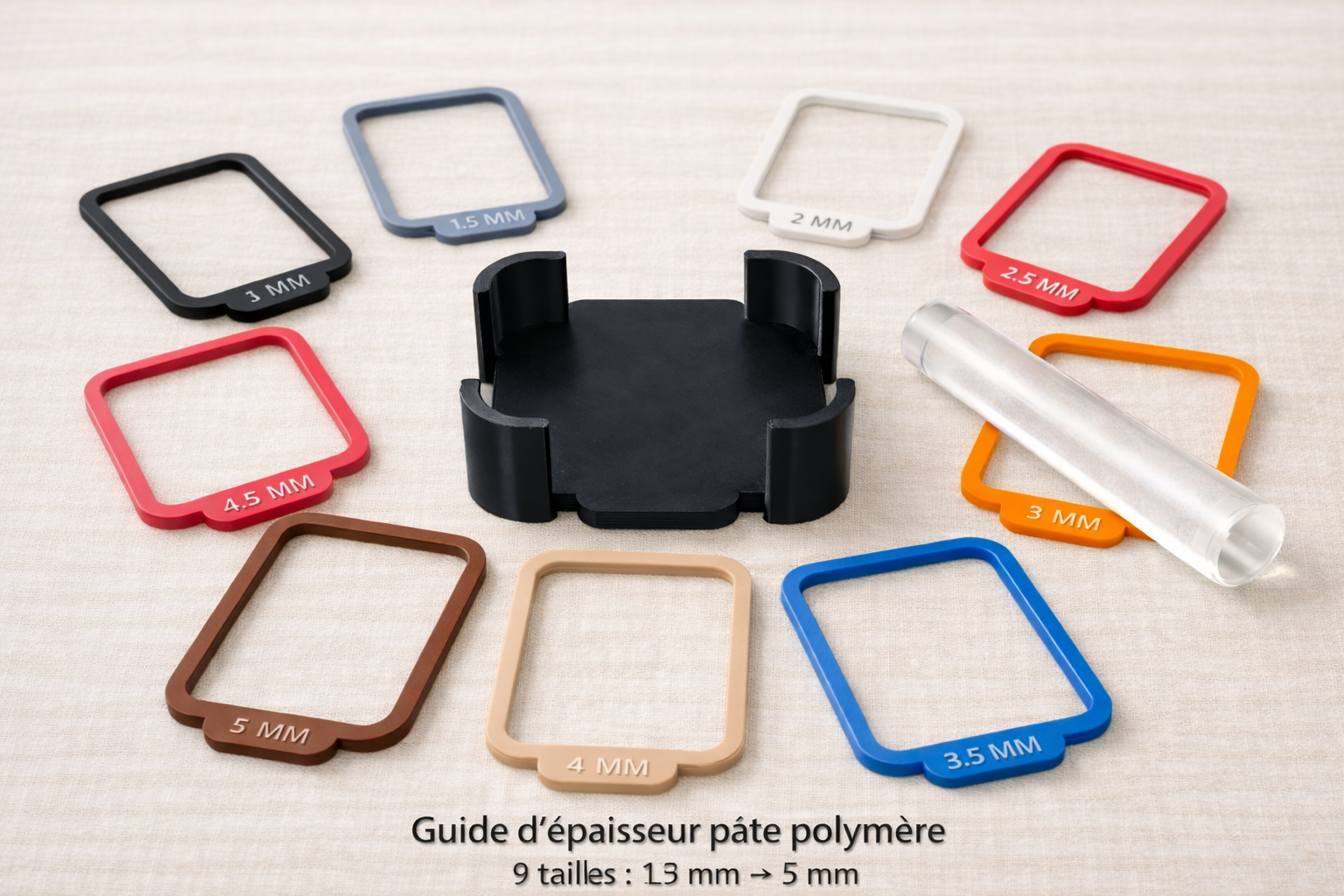 Guide d’épaisseur pâte polymère – 9 tailles 1,5 à 5 mm – Outil pâte polymère Fimo – Guide épaisseur polymer clay – Fabriqué en France