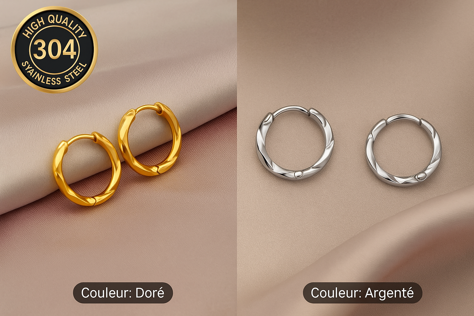 Créoles torsadées 19 mm – Acier inoxydable 304 (Argenté ou Doré)