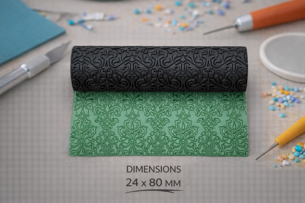 Rouleau texture pâte polymère – motif Damask – rouleau texturé bijoux DIY – 24 x 80 mm – fabriqué en France