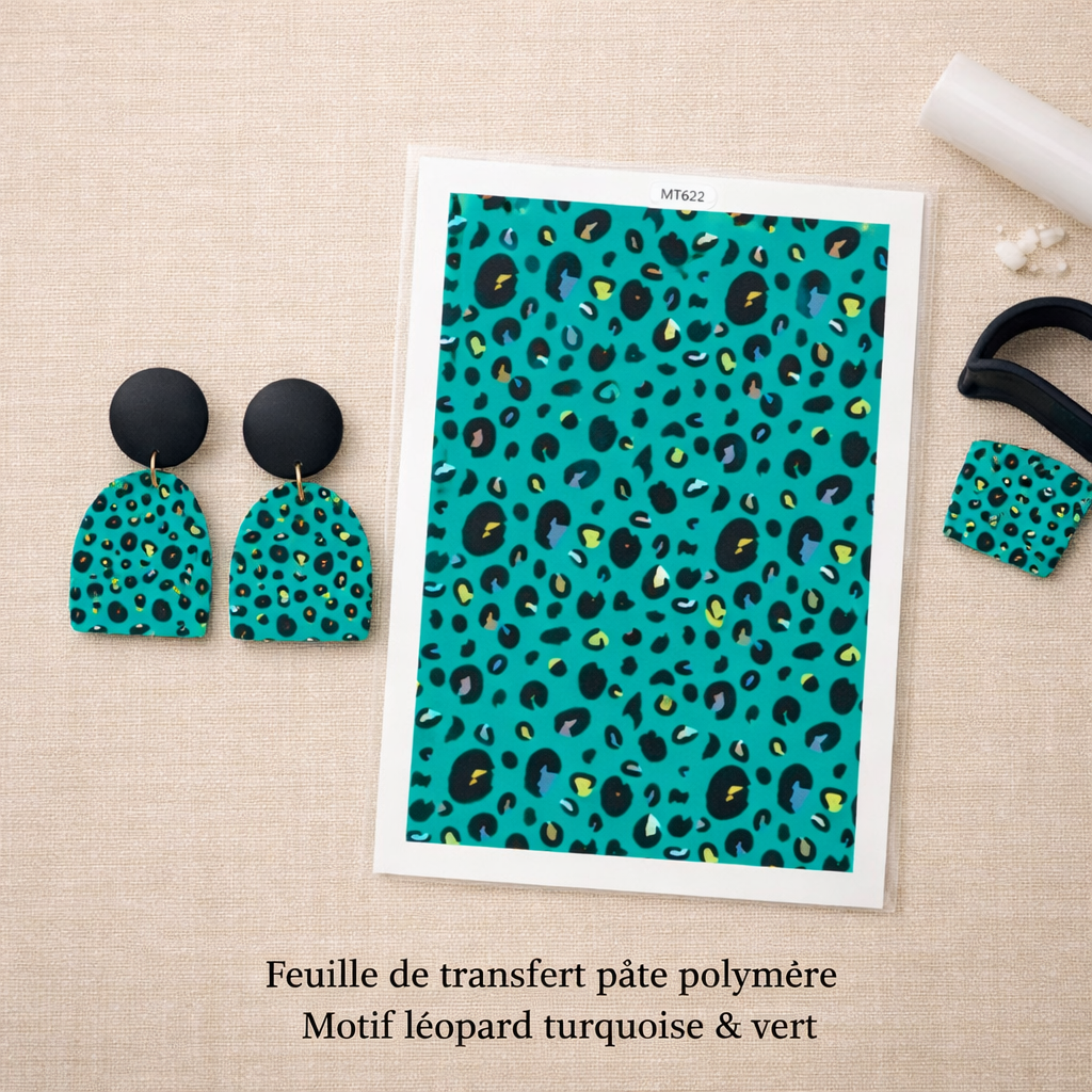 Feuille de transfert léopard turquoise pour pâte polymère – motif animalier – 9,5 x 14 cm – création bijoux DIY. TF64