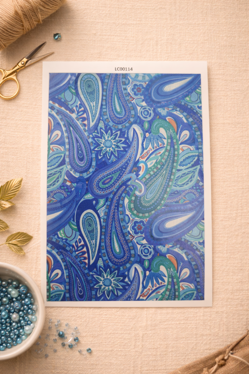 Feuille de transfert motif cachemire bleu – design paisley pour pâte polymère et bijoux DIY. TF45