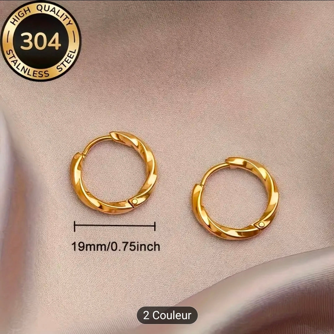 Créoles torsadées 19 mm – Acier inoxydable 304 (Argenté ou Doré)