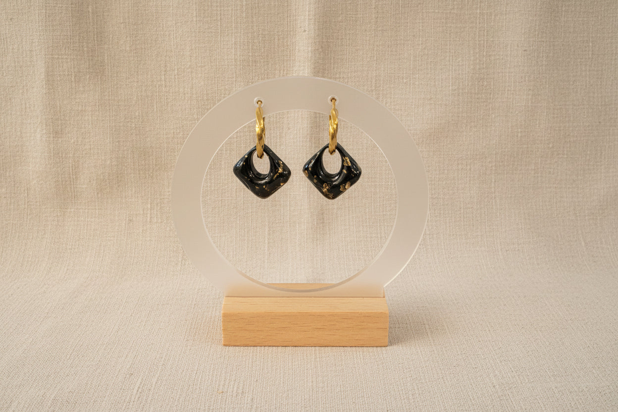 Pampilles losange noires et feuille d'or