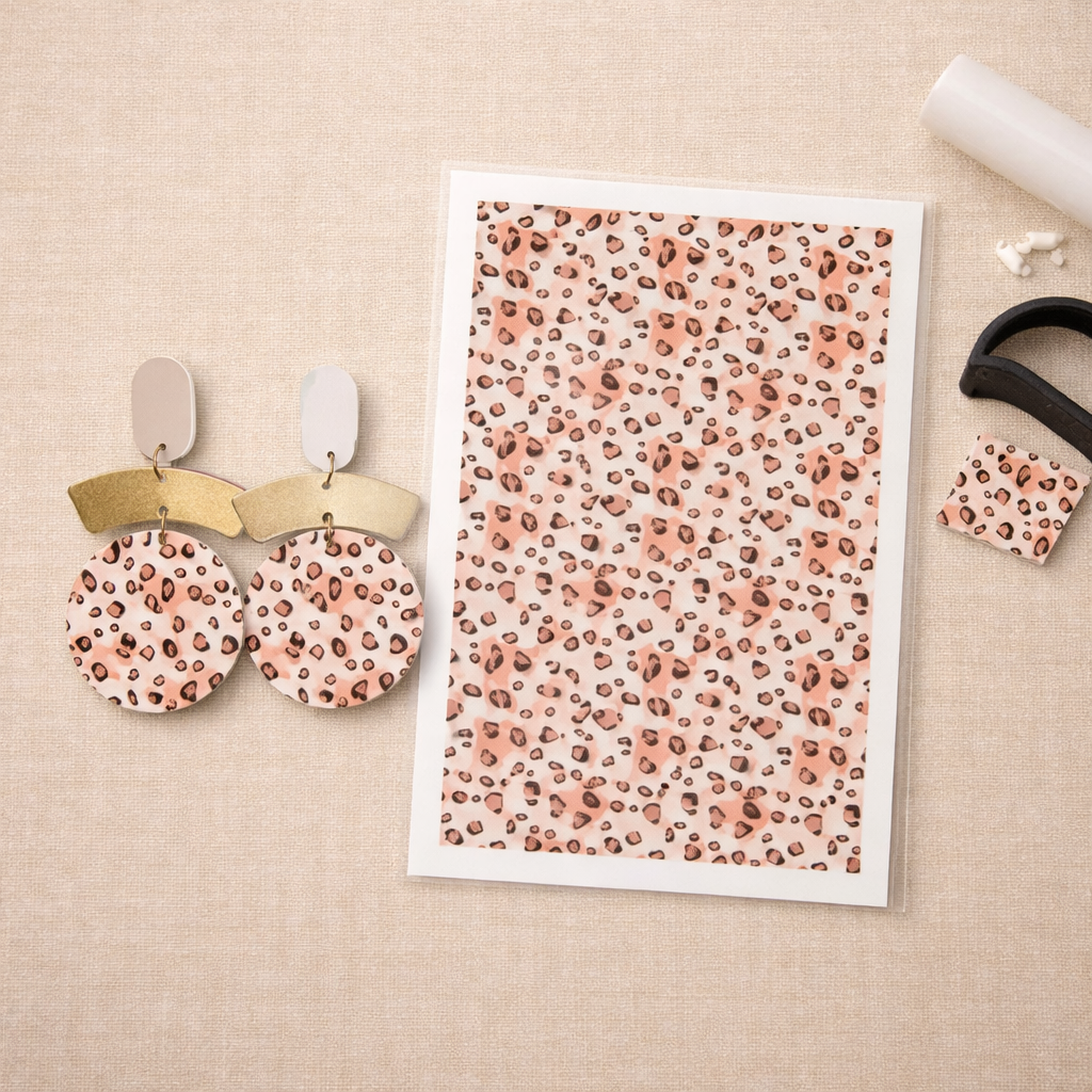 Feuille de transfert léopard pêche pour pâte polymère – motif animalier – 9,5 x 14 cm – création bijoux DIY. TF14