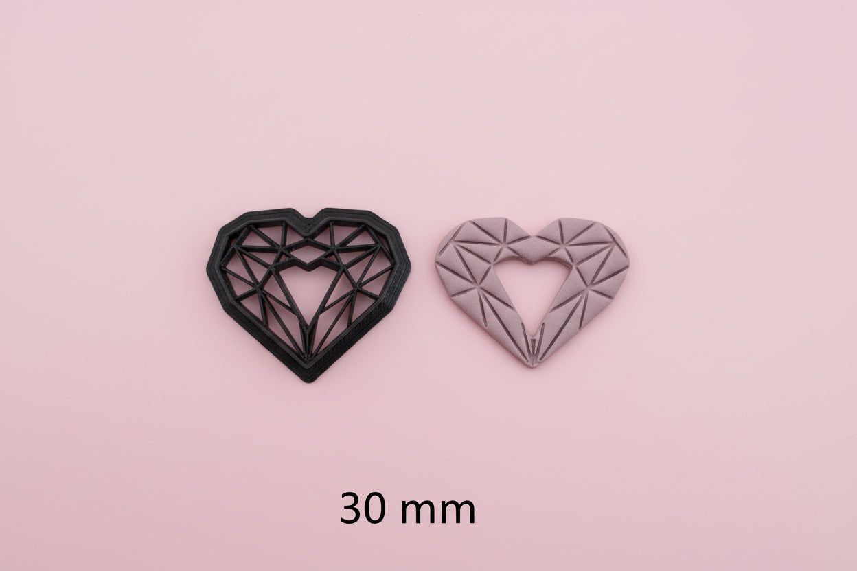 Emporte-pièce cœur géométrique 30 mm – Motif diamant facetté – Découpe bijoux pâte polymère – Fabriqué en France. EP-71