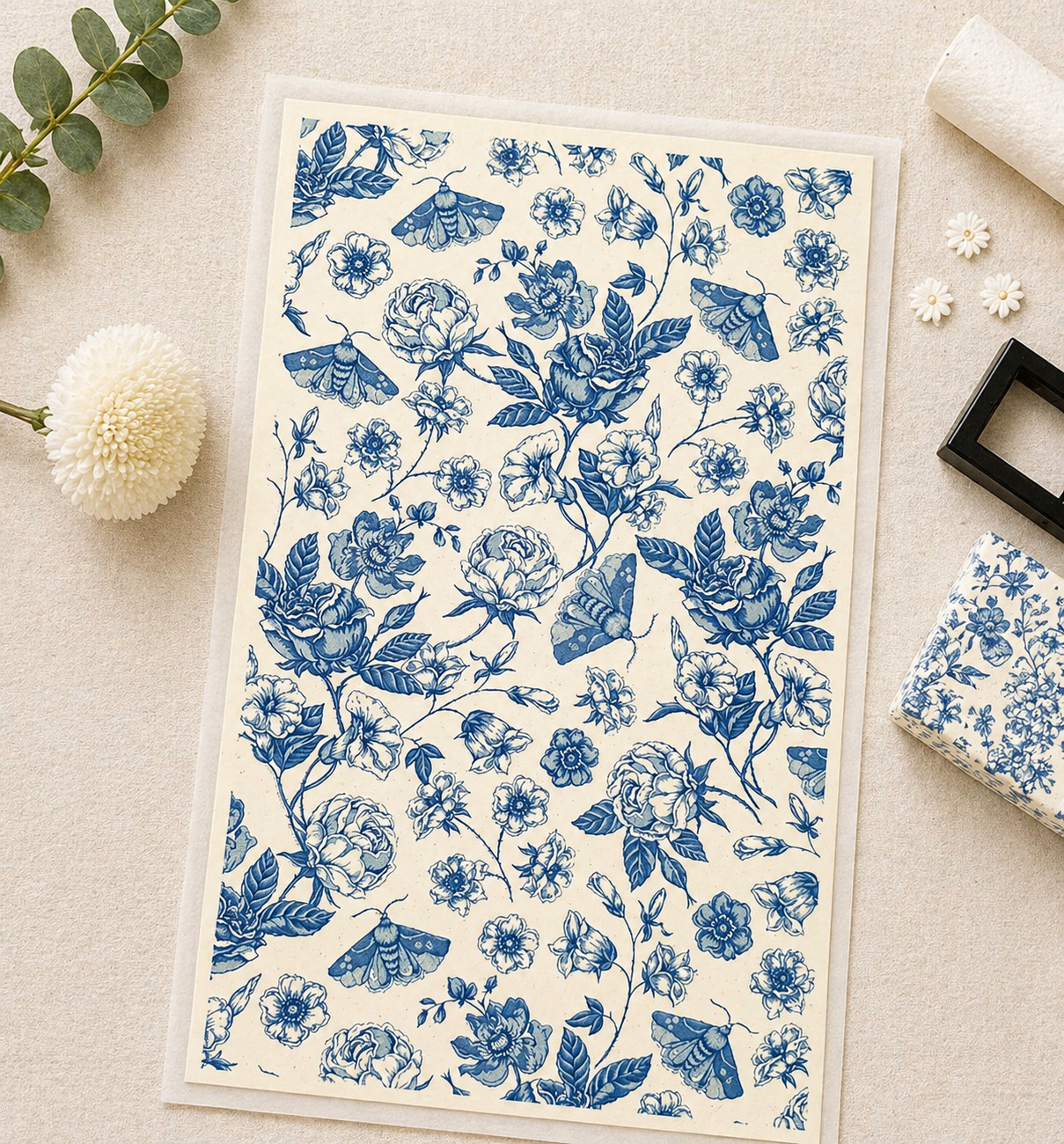 Feuille de transfert feuillage bleu pour pâte polymère  – 7,5 x 12 cm – création bijoux DIY. TF84