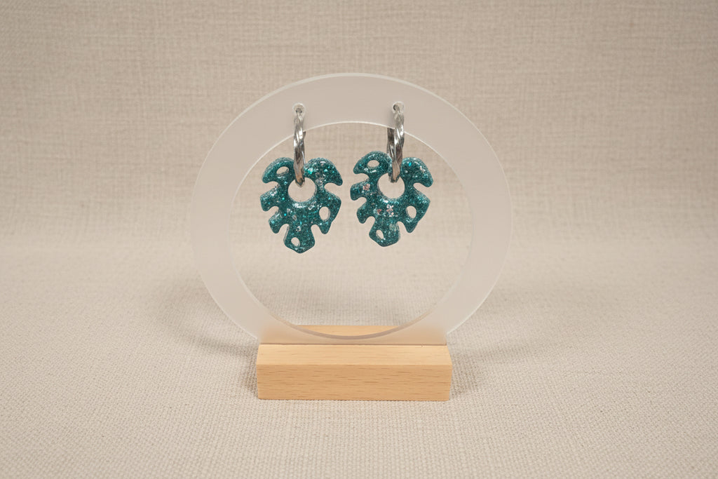 Pampilles monstera bleu vert et feuille d'argent