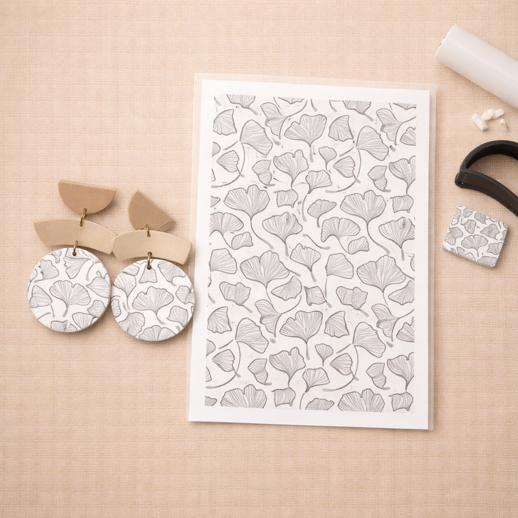 Feuille de transfert motif feuilles de ginkgo pour pâte polymère – décor bijoux DIY – 9,5 x 14 cm. TF11